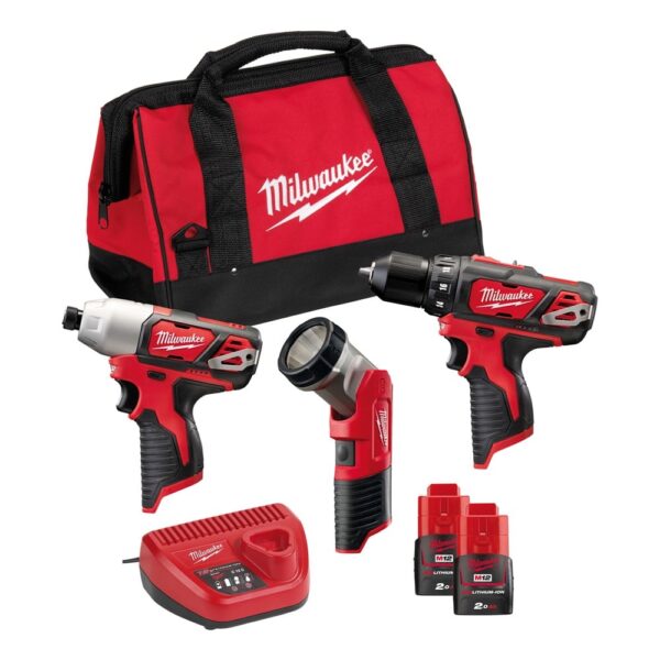 Milwaukee M12 BPP3A-202B Powerpack (M12 BDD + M12 BID + C12 T + 2 x 2,0 Ah accu + 30 min. lader + contractor bag) - 4933441225-4002395001262
