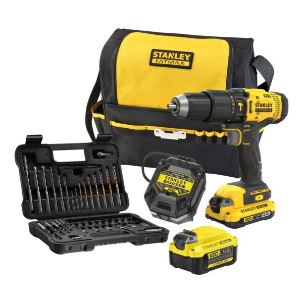 Stanley FATMAX SFMCD711DMA V20 KIT: 18V 1x2.0Ah 1x4.0Ah Schroefklopboormachine met 2 accu&apos;s en 50-delige accessoireset in softbag - SFMCD711DMA-QW-5035048733172