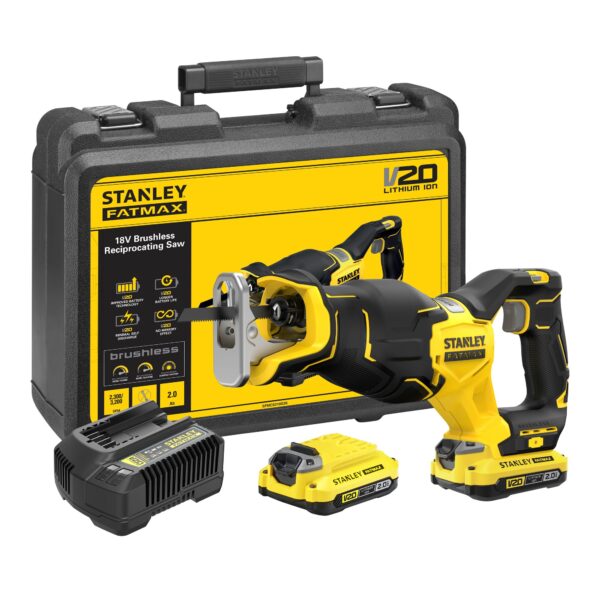 Stanley FATMAX SFMCS310D2K 20V MAX* Brushless Accu Reciprozaag | 2 x 2.0Ah Accu&apos;s + Lader | In Koffer - SFMCS310D2K-QW-5035048724972
