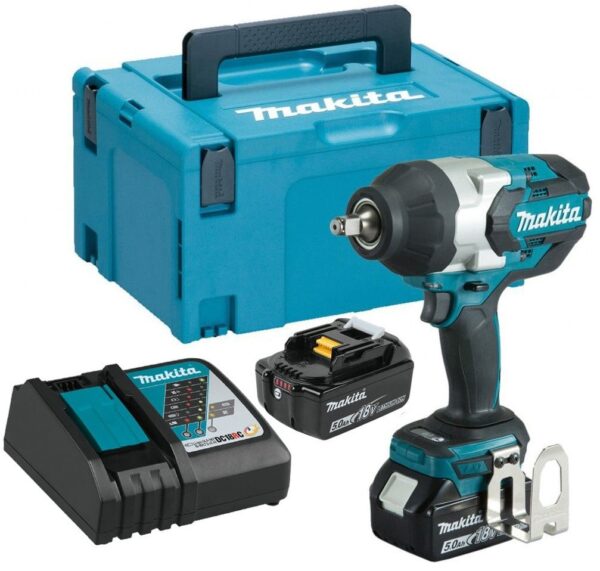 Makita DTW1002RTJ 18v Slagmoersleutel 1000 Nm 5,0Ah accu (2 st), snellader, Mbox-0088381803502