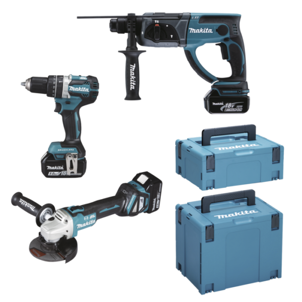 Makita DLX3093TJ 18V LXT 3 delige set: DGA513 Haakse slijper + DHP484 (Klop)boormachine + DHR202 Boorhamer met 3 x 5.0Ah accu&apos;s - DLX3093TJ-0088381862868
