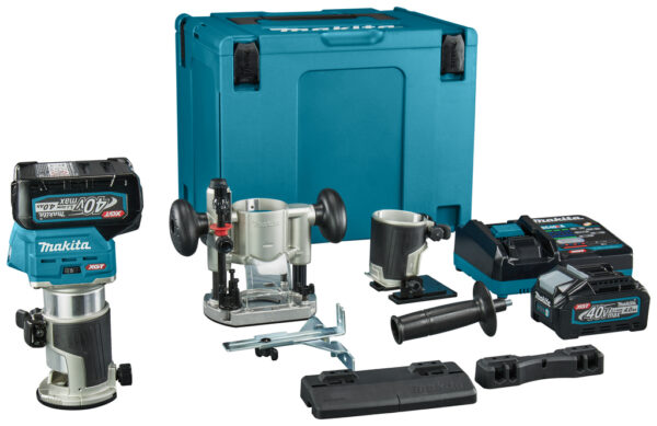 Makita RT001GM206 Boven- en kantenfrees | 40 V Max | 2 x 4.0 Ah accu + snellader | Incl. diverse voeten + geleiderail adapter | In Mbox - RT001GM206-0088381759977