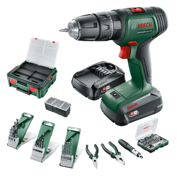 Bosch Groen UniversalImpact 18V | Accuklopboorschroevendraaier | 1.5 Ah + 2.5 Ah accu + lader | + SystemBox en 46-delige accessoiresset 06039D4108-4053423231168