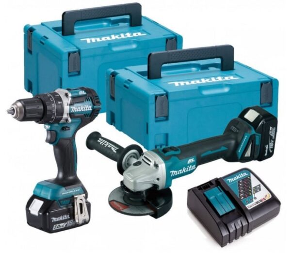 Makita DLX2179TJ1 18V LXT 2 delige Brushless DGA504 Haakse slijper + DHP484 (Klop)boormachine set met 2 x 5.0Ah accu&apos;s-0088381827713