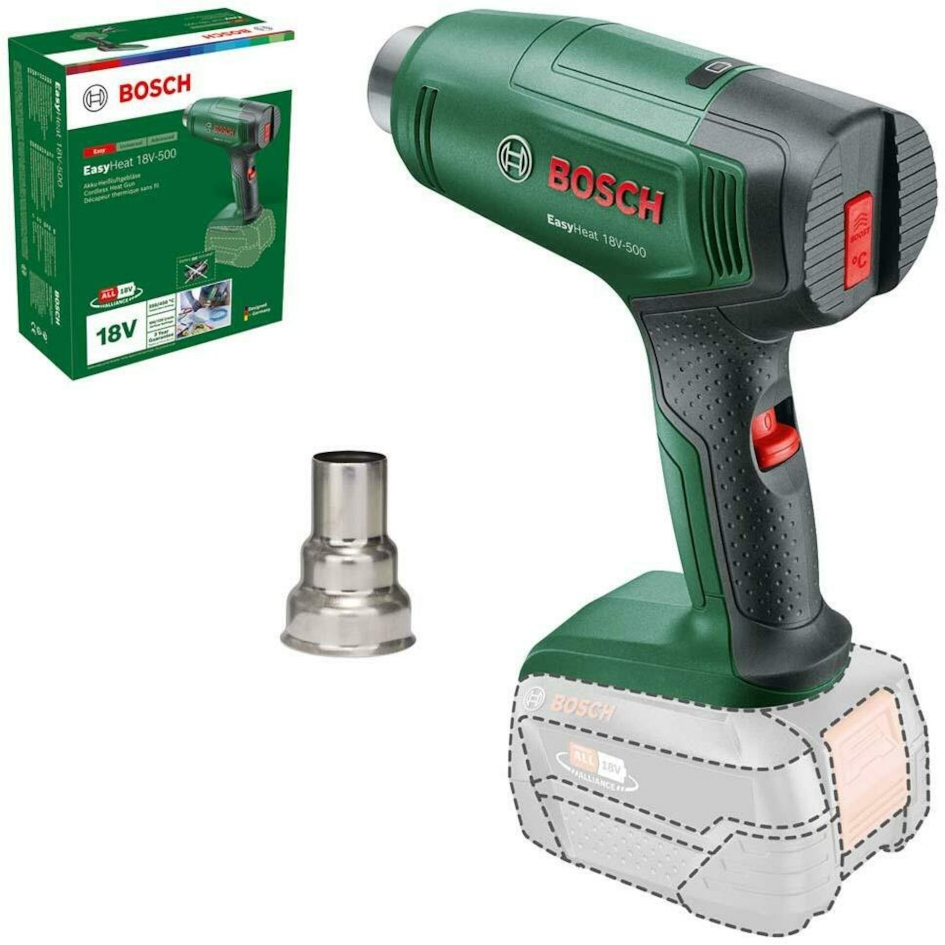 Bosch Groen EasyHeat 18V-500 Accuheteluchtpistool | Incl. Reduceermondstuk | Zonder Accu en Lader - 06032A8000-4059952610566